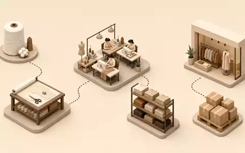 Isometrische 3D-Illustration zeigt Wertschöpfungskette für Burberry Group plc, ISIN GB0031743007, von Stoff bis Verkauf - Foto: THN