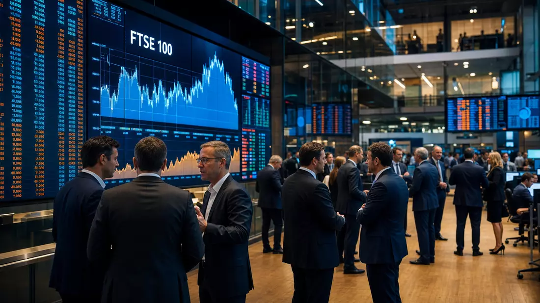 Trading-Floor mit Börsenkursen und Text FTSE 100 auf großen Bildschirmen