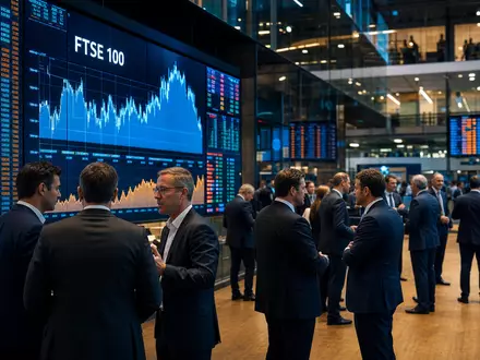 Börsen-Editorial zeigt Handelssaal mit FTSE-100-Charts, relevant für Burberry Group plc, ISIN GB0031743007, London - Foto: THN