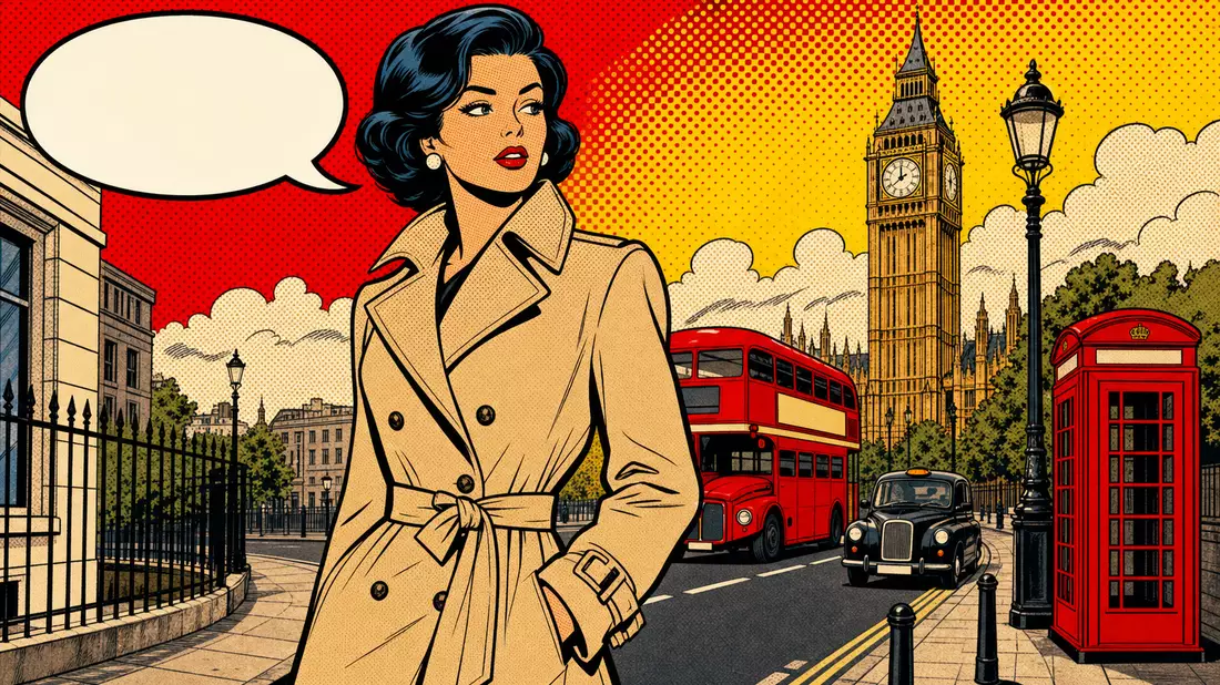 Pop-Art-Comic zeigt Frau im beigen Mantel vor Londoner Kulisse