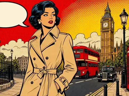 Pop-Art-Comic zeigt Frau im Trenchcoat, symbolisch für Burberry Group plc, ISIN GB0031743007, vor Londoner Straßenkulisse - Foto: THN