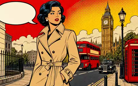 Pop-Art-Comic zeigt Frau im Trenchcoat, symbolisch für Burberry Group plc, ISIN GB0031743007, vor Londoner Straßenkulisse - Foto: THN