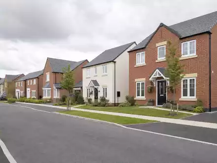 Fotorealistische britische Neubau-Siedlung zeigt Persimmon plc GB0030927254 im Wohnungsbau-Sektor mit typischen Backsteinhäusern - Foto: THN