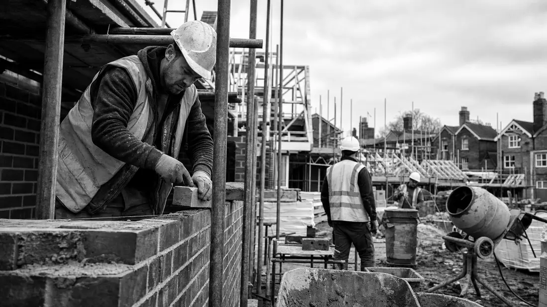 Dokumentarische Schwarzweißaufnahme von Bauarbeitern beim Mauern auf einer Baustelle
