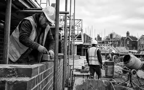 Schwarzweiß-Reportage von Baustelle illustriert Persimmon plc GB0030927254 als britischen Wohnungsbau-Entwickler mit Bauarbeitern - Foto: THN
