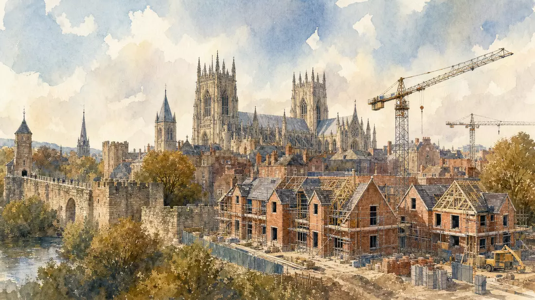 Aquarellmalerei von York mit Minster-Kathedrale und neuen Backsteinhäusern im Bau