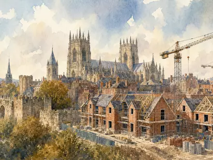 Aquarell-Ansicht von York symbolisiert Persimmon plc GB0030927254, britischer Entwickler mit Hauptsitz in dieser Stadt - Foto: THN
