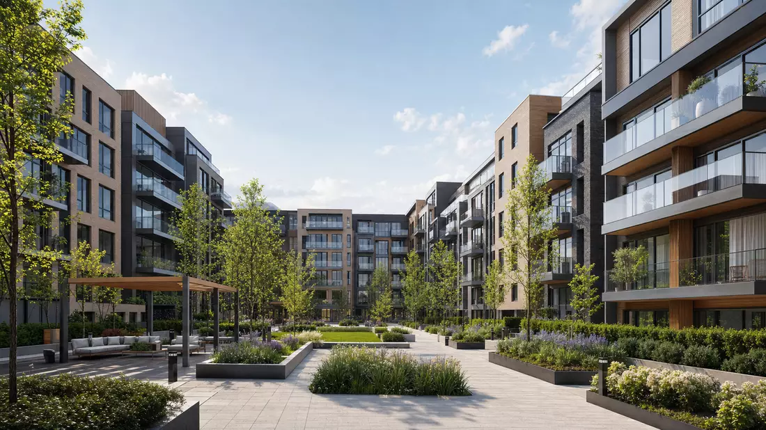 Architekturvisualisierung eines modernen Wohnkomplexes mit begrünten Innenhöfen