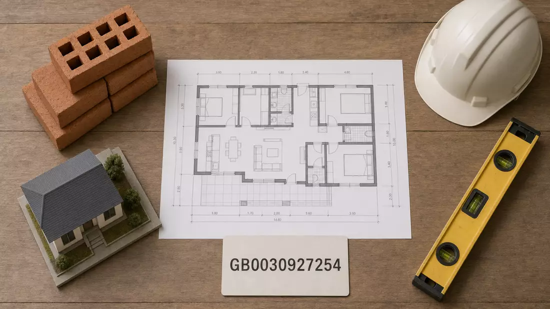 Flatlay mit Bauplan, Ziegeln, Bauhelm und Karte mit Kennnummer GB0030927254