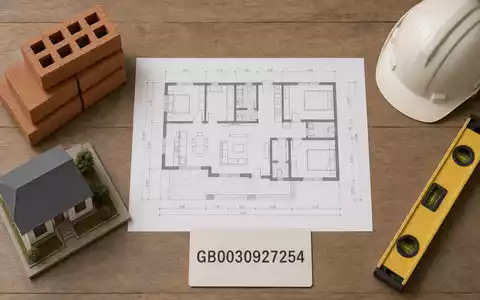 Flatlay mit Bauplan und ISIN-Karte GB0030927254 veranschaulicht Persimmon plc als britischen Wohnungsbau-Entwickler visuell - Foto: THN