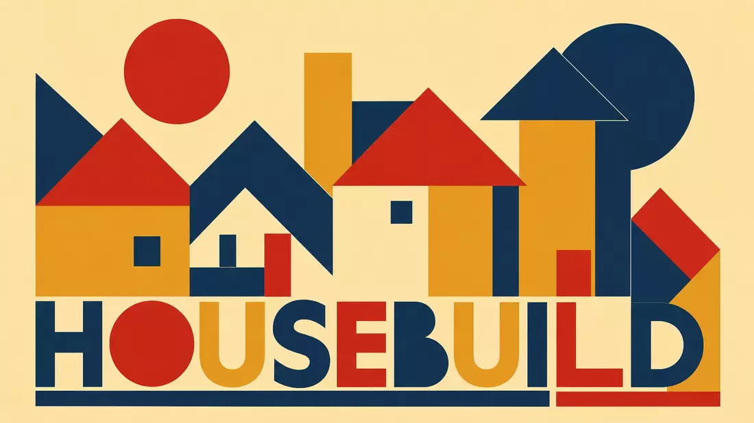 Geometrisches Bauhaus-Poster mit Hausformen und dem Schriftzug HOUSEBUILD