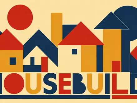 Bauhaus-Poster mit Sektor-Text HOUSEBUILD symbolisiert Persimmon plc GB0030927254 geometrisch und modernistisch gestaltet - Foto: THN