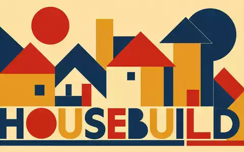Bauhaus-Poster mit Sektor-Text HOUSEBUILD symbolisiert Persimmon plc GB0030927254 geometrisch und modernistisch gestaltet - Foto: THN