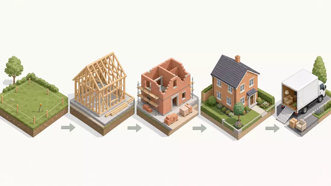 Isometrische Illustration der Bauphasen von Grundstück bis fertigem Einfamilienhaus
