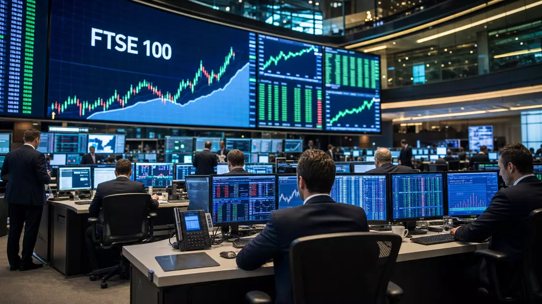 Trading-Floor mit Bildschirmen zeigt FTSE 100 Kursdiagramme und Händler bei der Arbeit