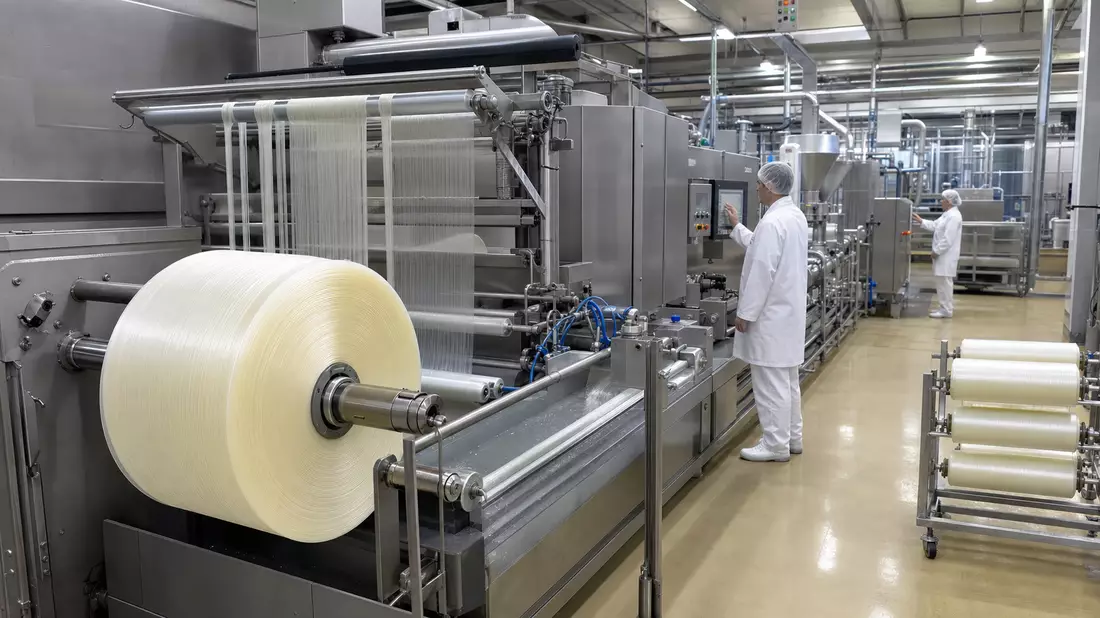 Fotorealistische Industrieanlage mit Edelstahl-Extrusionslinien für Wursthüllen, Rollen aus durchsichtigem Kollagenmaterial