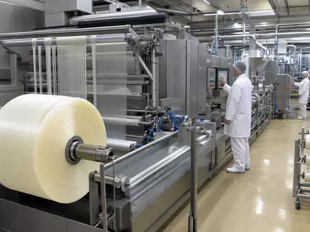 Viscofan S.A. ES0184262212 zeigt fotorealistische Produktionshalle mit industrieller Wursthüllen-Extrusion und moderner Kollagen-Materialverarbeitung im Werk - Foto: THN