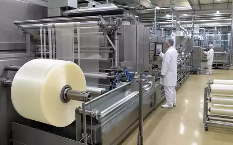 Viscofan S.A. ES0184262212 zeigt fotorealistische Produktionshalle mit industrieller Wursthüllen-Extrusion und moderner Kollagen-Materialverarbeitung im Werk - Foto: THN