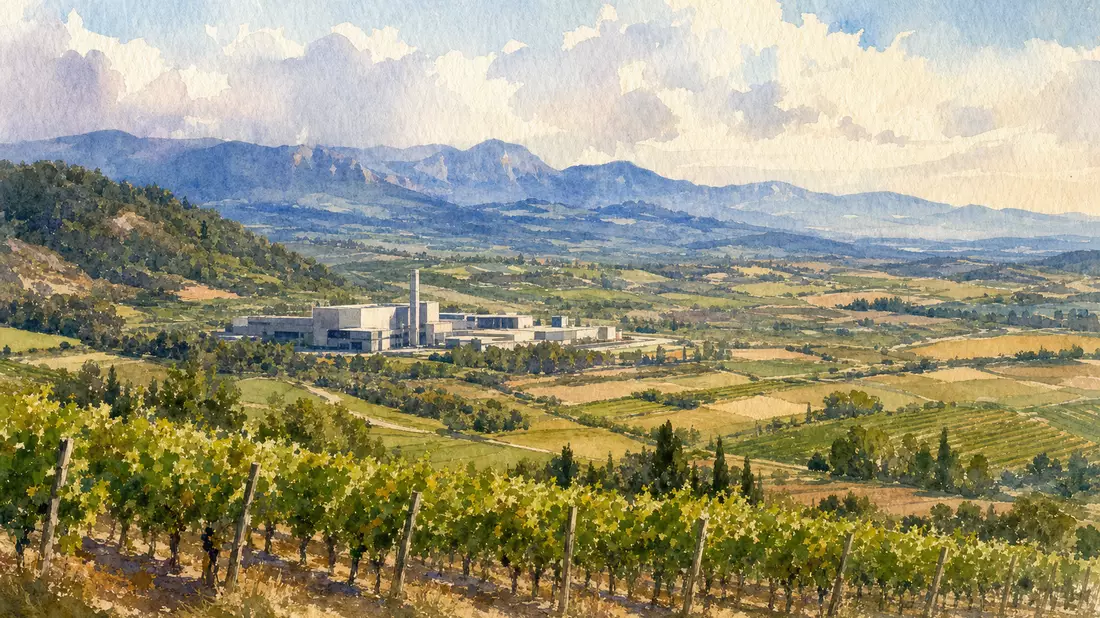 Zartes Aquarell einer navarresischen Hügellandschaft mit modernem Fabrikgebäude, grüne Felder und Berge im Hintergrund