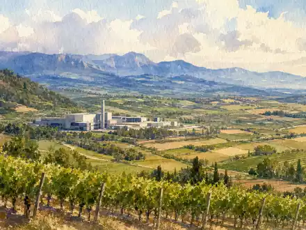 Viscofan S.A. ES0184262212 zeigt stimmungsvolle Aquarellmalerei der Landschaft Navarras mit Industriegebäude und weitem Pyrenäen-Ausblick - Foto: THN