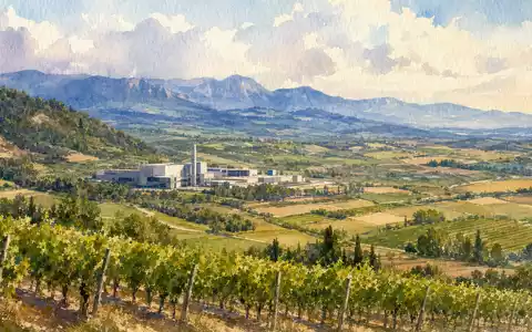 Viscofan S.A. ES0184262212 zeigt stimmungsvolle Aquarellmalerei der Landschaft Navarras mit Industriegebäude und weitem Pyrenäen-Ausblick - Foto: THN