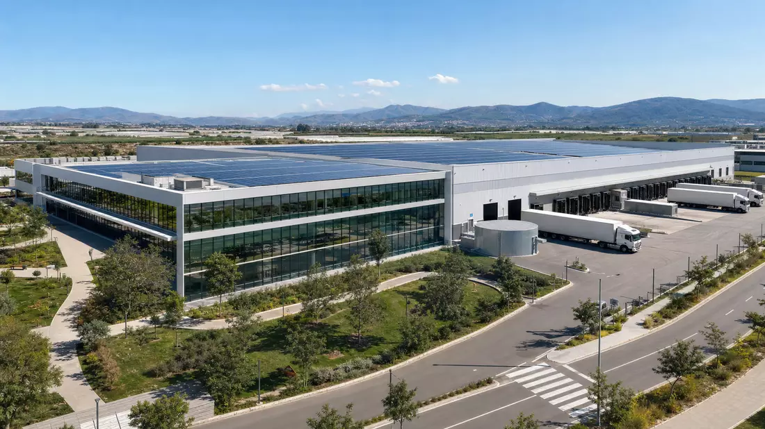 Photorealistisches CGI-Rendering einer modernen Fabrikanlage mit Glasfassade, Solarpaneelen und Grünflächen