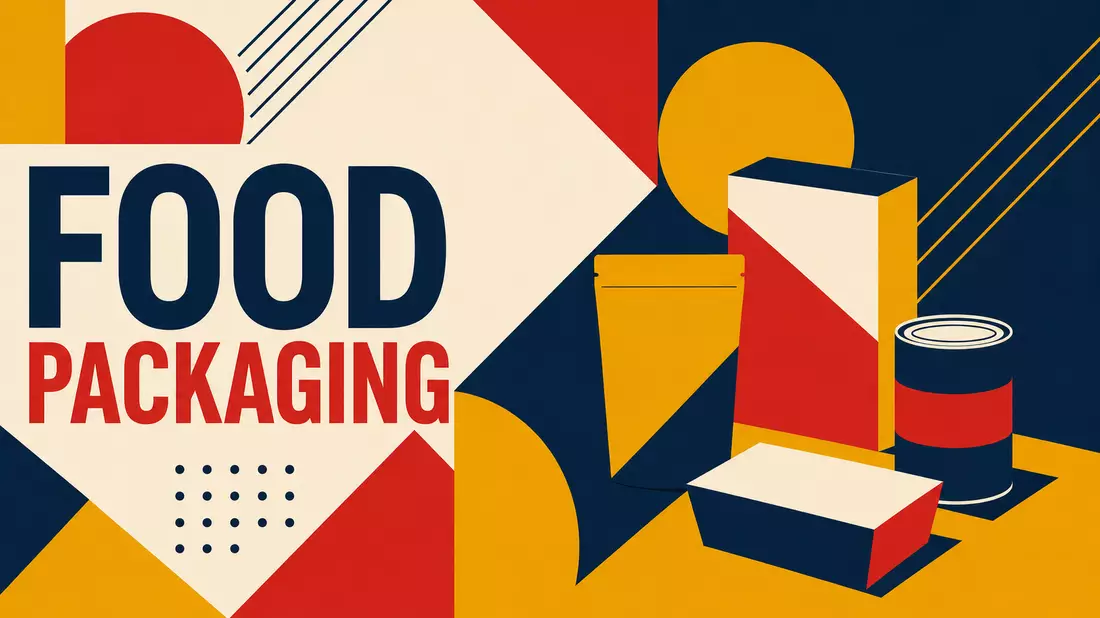 Geometrisches Bauhaus-Plakat mit Kreisen und Linien, das Wort FOOD PACKAGING in kräftiger Typografie