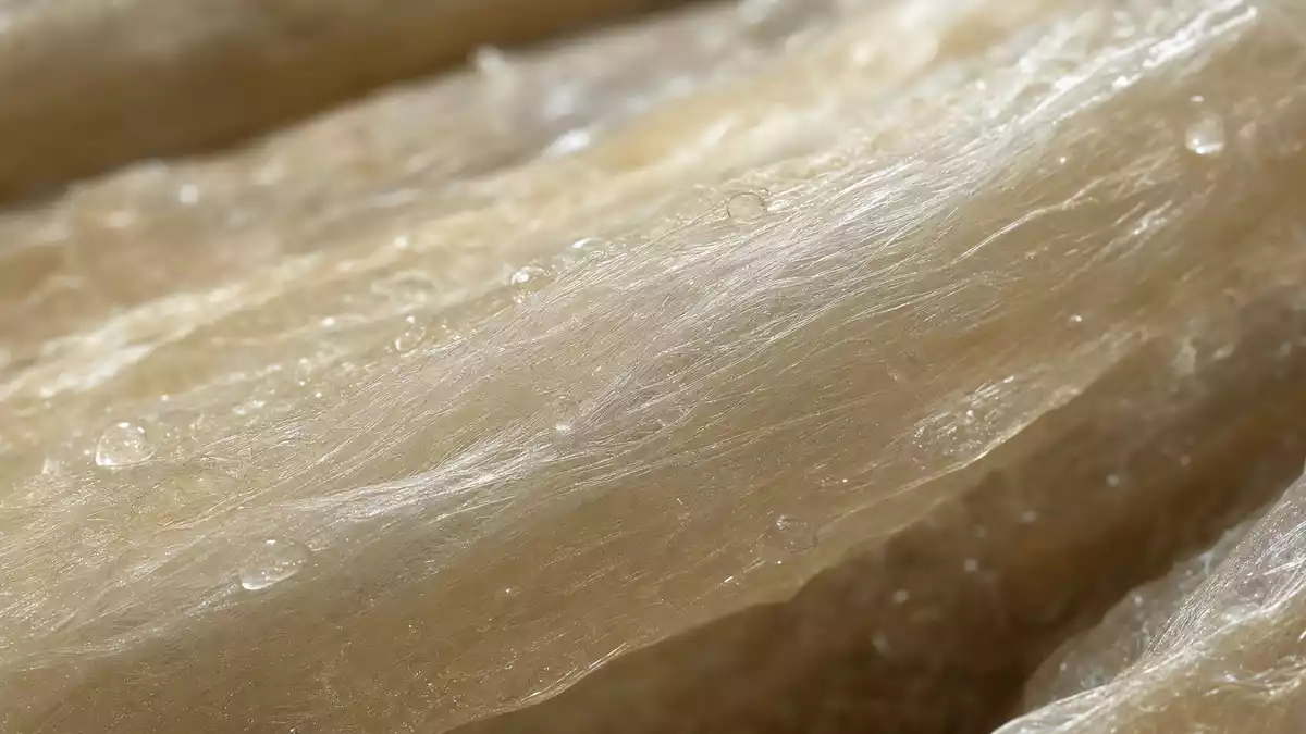 Extreme Nahaufnahme einer transluzenten Zellulosehülle mit sichtbarer Faserstruktur und Lichtreflexionen
