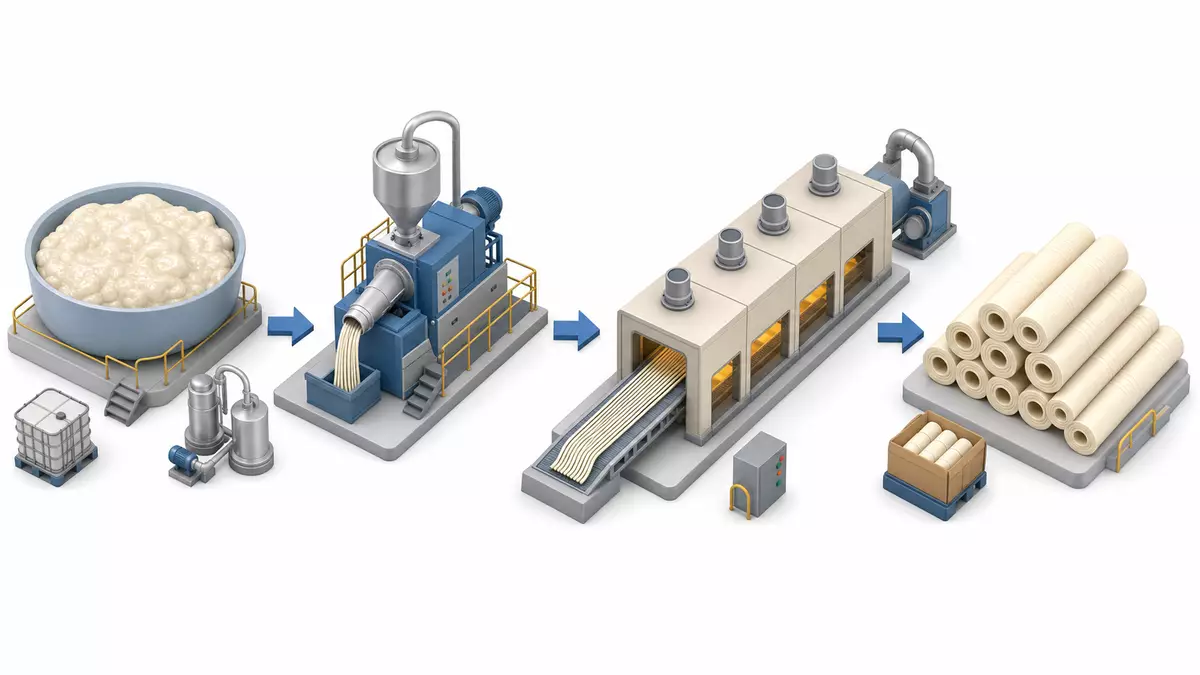 Isometrisches 3D-Diagramm zeigt Prozessschritte von Kollagenrohstoff über Extrusion bis zur fertigen Verpackungsrolle