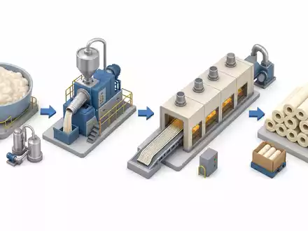 Viscofan S.A. ES0184262212 zeigt anschauliche isometrische 3D-Darstellung der kompletten Produktionskette von Rohstoff bis fertiger Wursthülle - Foto: THN