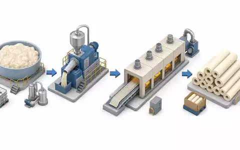 Viscofan S.A. ES0184262212 zeigt anschauliche isometrische 3D-Darstellung der kompletten Produktionskette von Rohstoff bis fertiger Wursthülle - Foto: THN