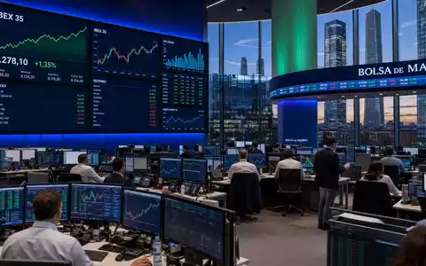 Viscofan S.A. ES0184262212 zeigt professionelles Börsen-Editorial mit Trading-Screens der Bolsa de Madrid und Verpackungsbranchen-Charts - Foto: THN