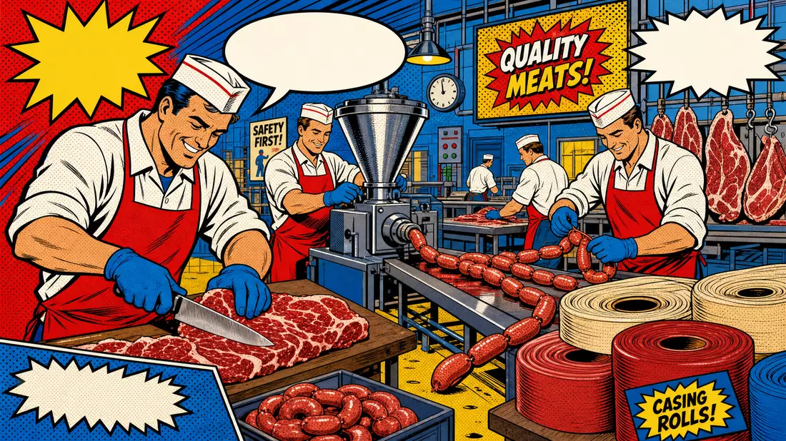 Farbenfrohe Pop-Art-Comic-Illustration von Metzgern in Fabrik mit Halbton-Punkten und dynamischen Sprechblasen ohne Text