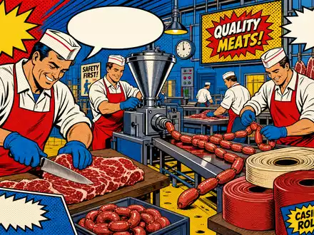 Viscofan S.A. ES0184262212 zeigt farbenfrohe Pop-Art-Comic-Szene mit stilisierten Metzgern und bunten WursthĂŒllen-Rollen in Fabrikhalle - Foto: THN
