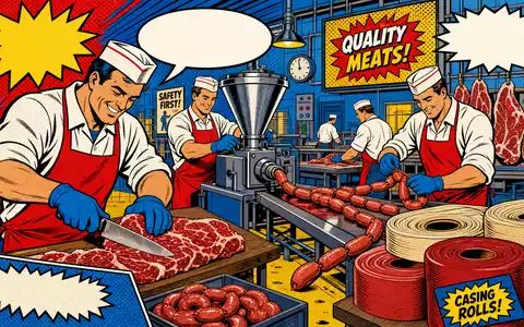 Viscofan S.A. ES0184262212 zeigt farbenfrohe Pop-Art-Comic-Szene mit stilisierten Metzgern und bunten Wursthüllen-Rollen in Fabrikhalle - Foto: THN