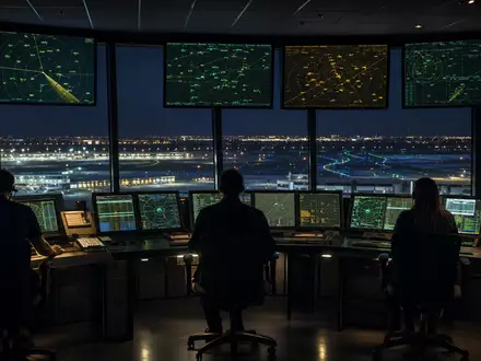 Fotorealistische Flugverkehrskontrolle bei Nacht symbolisiert Indra Sistemas S.A. ES0118594417 als führenden IT-Verteidigungstechnologiekonzern Spaniens - Foto: THN
