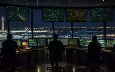 Fotorealistische Flugverkehrskontrolle bei Nacht symbolisiert Indra Sistemas S.A. ES0118594417 als führenden IT-Verteidigungstechnologiekonzern Spaniens - Foto: THN