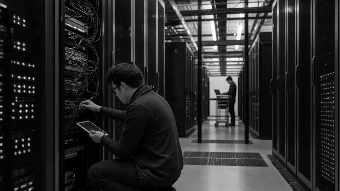 Techniker im Rechenzentrum, Schwarzweißfoto, Indra Sistemas S.A. ES0118594417 IT-Dienstleistungen
