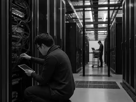 Schwarzweiß-Reportage aus einem Rechenzentrum zeigt IT-Infrastruktur, passend zu Indra Sistemas S.A. ES0118594417 im Technologiesektor - Foto: THN