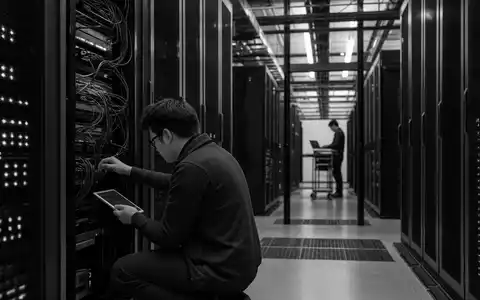 Schwarzweiß-Reportage aus einem Rechenzentrum zeigt IT-Infrastruktur, passend zu Indra Sistemas S.A. ES0118594417 im Technologiesektor - Foto: THN