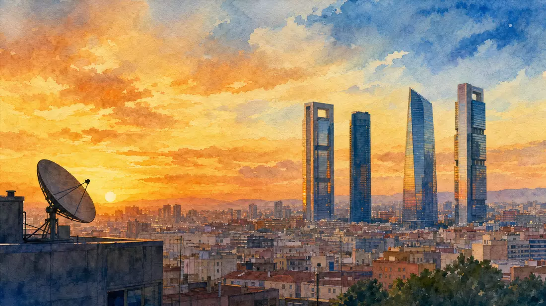 Aquarell Madrid Skyline mit Radarantenne, Indra Sistemas S.A. ES0118594417 Firmensitz