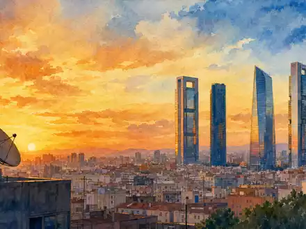 Aquarellgemälde der Madrider Skyline bei Sonnenuntergang illustriert den Heimatmarkt von Indra Sistemas S.A. ES0118594417 - Foto: THN