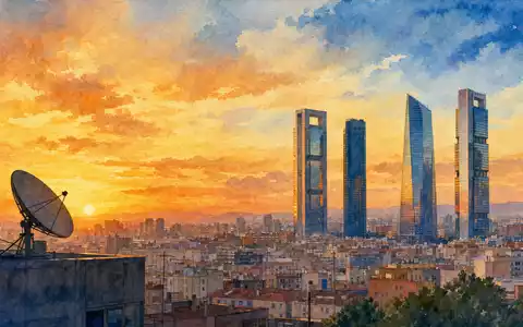 Aquarellgemälde der Madrider Skyline bei Sonnenuntergang illustriert den Heimatmarkt von Indra Sistemas S.A. ES0118594417 - Foto: THN