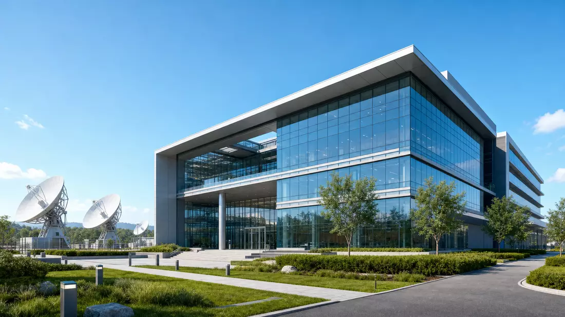 Glas-Bürogebäude mit Satellitenschüsseln, Indra Sistemas S.A. ES0118594417 Architektur-Visualisierung