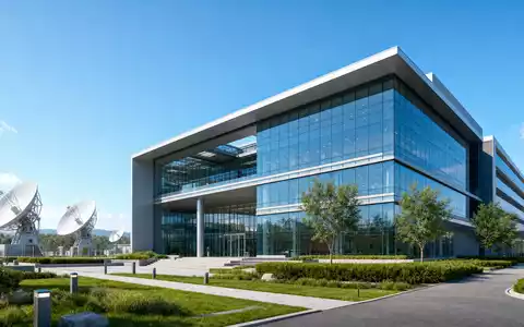 Architektur-Render eines modernen Bürogebäudes mit Satellitenanlagen repräsentiert die Konzernzentrale von Indra Sistemas S.A. ES0118594417 - Foto: THN