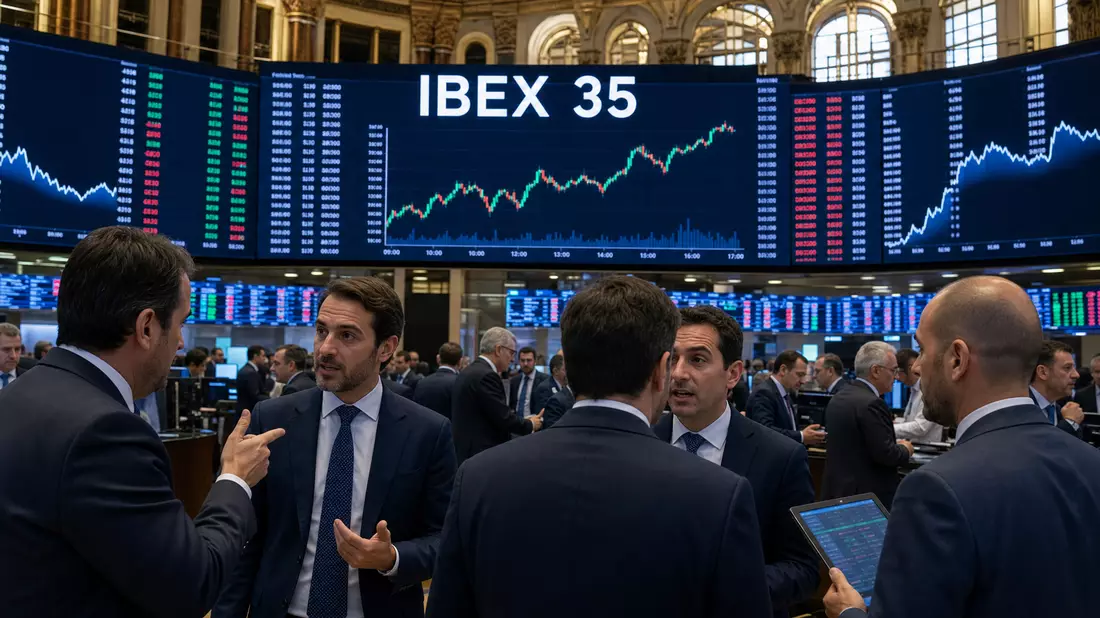 Trading-Floor mit IBEX 35 Kurstafel, Indra Sistemas S.A. ES0118594417 Börsennotierung