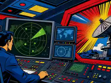 Pop-Art-Comic-Szene eines futuristischen Verteidigungsleitstands mit Radar und Satellitenschüssel visualisiert Indra Sistemas S.A. ES0118594417 kreativ - Foto: THN