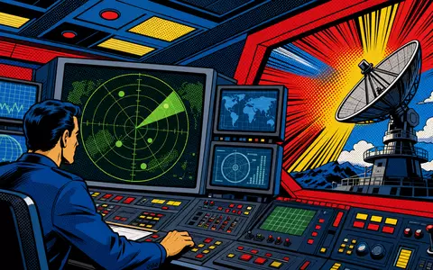 Pop-Art-Comic-Szene eines futuristischen Verteidigungsleitstands mit Radar und Satellitenschüssel visualisiert Indra Sistemas S.A. ES0118594417 kreativ - Foto: THN
