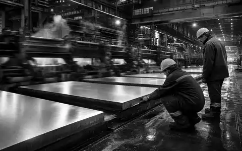 Schwarzweiß-Reportagefoto von Stahlarbeitern bei Acerinox S.A. (ISIN ES0132105018) inspiziert frisch gewalzte Edelstahlplatten - Foto: THN