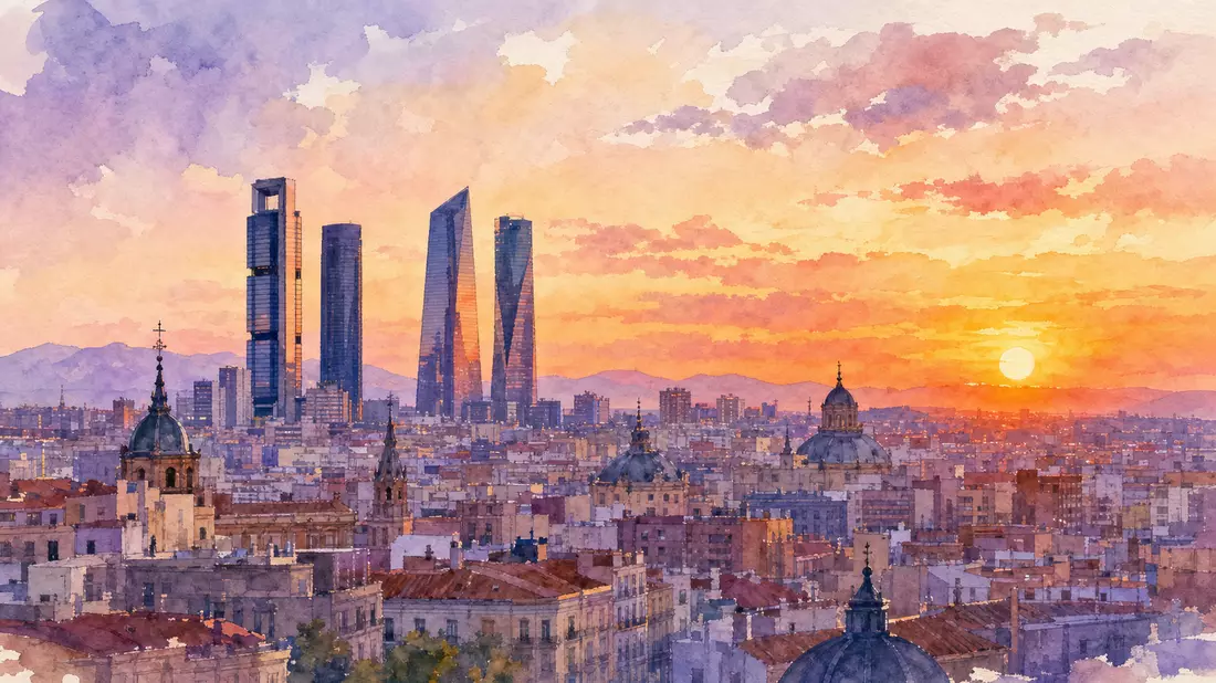 Aquarellillustration der Madrider Skyline bei Sonnenuntergang mit Hochhäusern